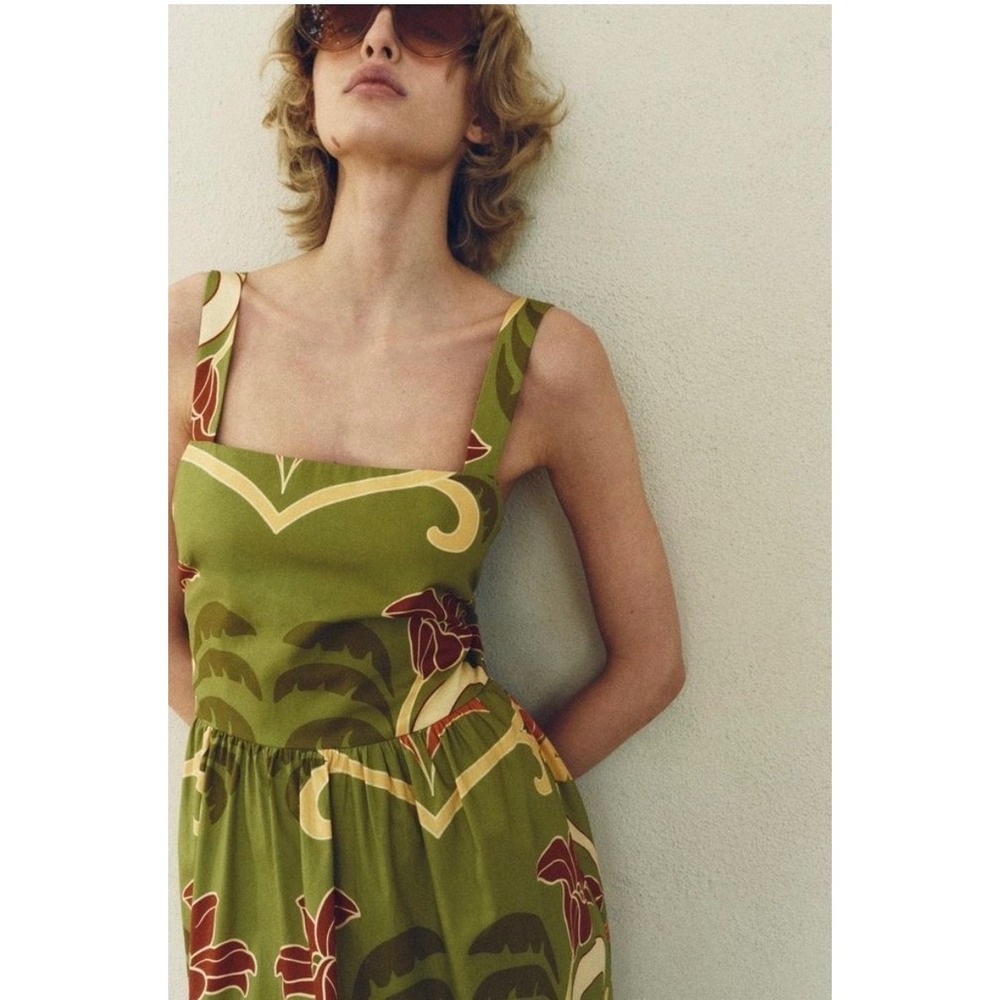 Zara Floral Midi Dress Medium Green Tropical Cotton V-Back Sleeveless New tie up - Picture 16 of 16